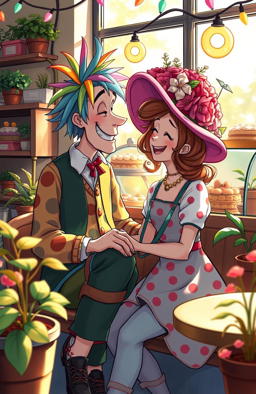 A whimsical scene depicting a quirky romance between two unique characters, a tall man with colorful hair wearing mismatched clothing, and a petite woman adorned with a bright, oversized hat covered in flowers