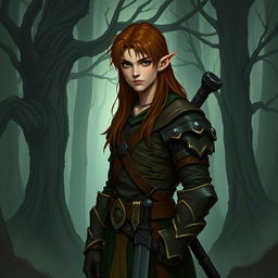 An unassuming male forest elf with long brown hair and dark green eyes, illustrated in a dark fantasy style