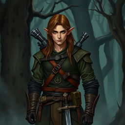 An unassuming male forest elf with long brown hair and dark green eyes, illustrated in a dark fantasy style