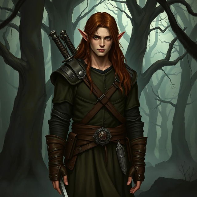 An unassuming male forest elf with long brown hair and dark green eyes, illustrated in a dark fantasy style