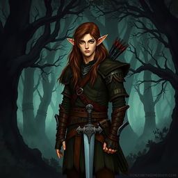 An unassuming male forest elf with long brown hair and dark green eyes, illustrated in a dark fantasy style