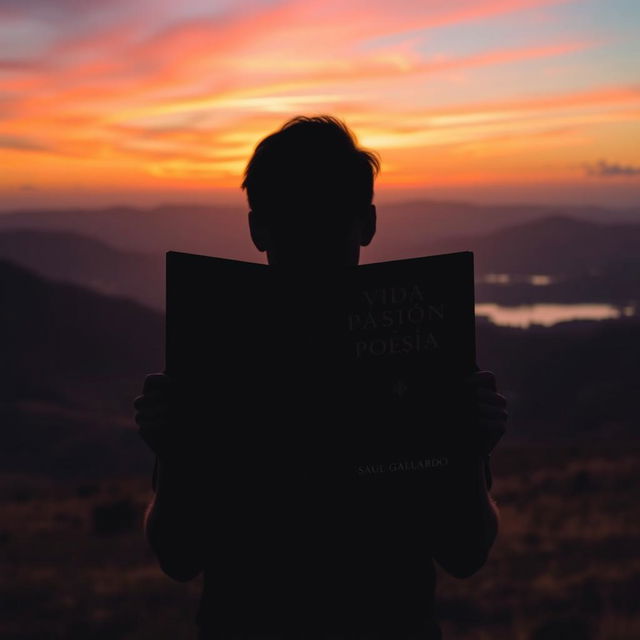 A silhouette of a person standing in a picturesque landscape, holding an open book