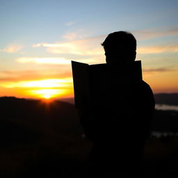 A silhouette of a person standing in a picturesque landscape, holding an open book