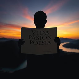A silhouette of a person standing in a picturesque landscape, holding an open book