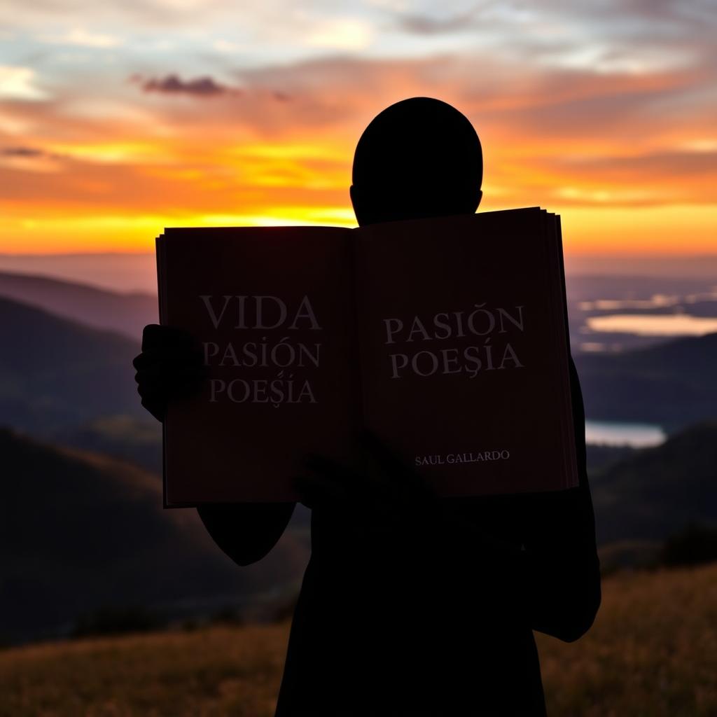 A silhouette of a person standing in a picturesque landscape, holding an open book