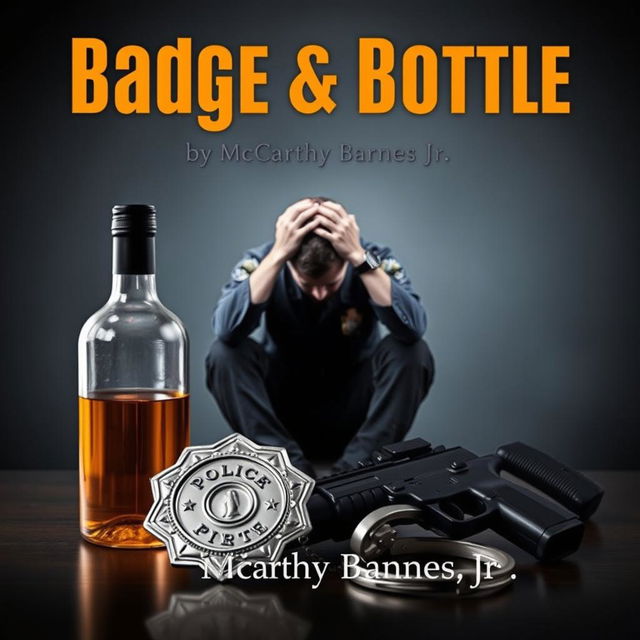 A police badge, a liquor bottle, a service weapon, and handcuffs are arranged in the foreground with sharp detail