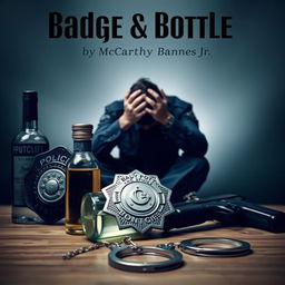 A police badge, a liquor bottle, a service weapon, and handcuffs are arranged in the foreground with sharp detail