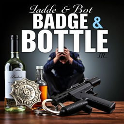 A police badge, a liquor bottle, a service weapon, and handcuffs are arranged in the foreground with sharp detail