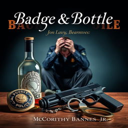 A police badge, a liquor bottle, a service weapon, and handcuffs are arranged in the foreground with sharp detail