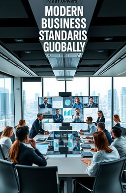 Modern business English standards utilized globally, showcasing a corporate boardroom with a diverse group of professionals engaged in a video conference call
