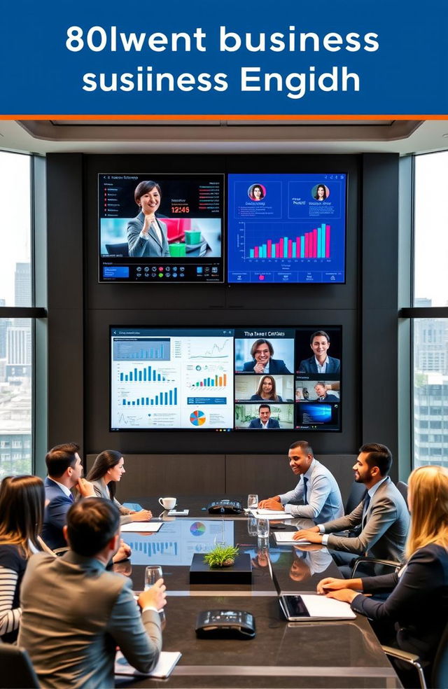 Modern business English standards utilized globally, showcasing a corporate boardroom with a diverse group of professionals engaged in a video conference call