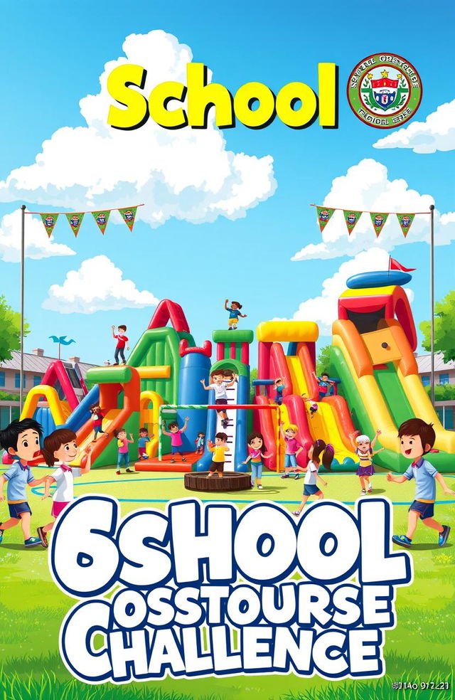 A vibrant and engaging school obstacle course cover design featuring a variety of colorful obstacles such as inflatable slides, climbing walls, and balance beams, surrounded by enthusiastic students of diverse backgrounds enjoying the course