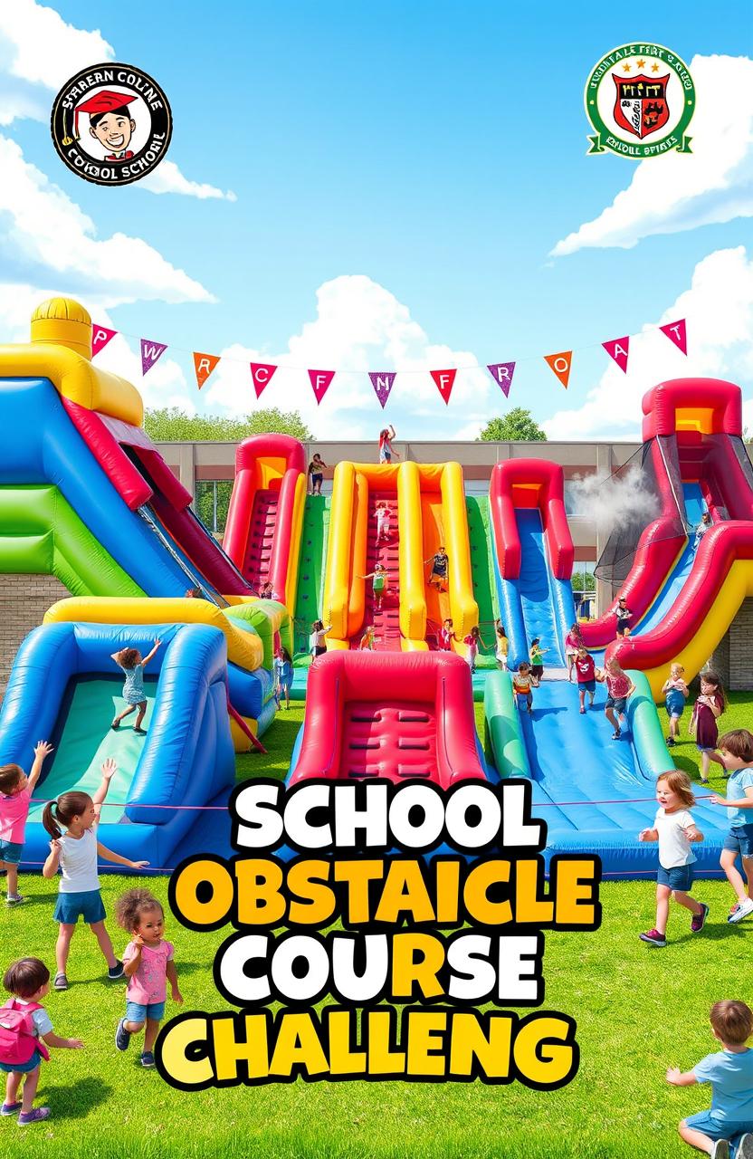 A vibrant and engaging school obstacle course cover design featuring a variety of colorful obstacles such as inflatable slides, climbing walls, and balance beams, surrounded by enthusiastic students of diverse backgrounds enjoying the course