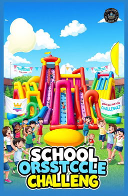 A vibrant and engaging school obstacle course cover design featuring a variety of colorful obstacles such as inflatable slides, climbing walls, and balance beams, surrounded by enthusiastic students of diverse backgrounds enjoying the course