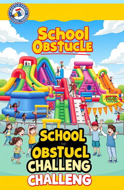 A vibrant and engaging school obstacle course cover design featuring a variety of colorful obstacles such as inflatable slides, climbing walls, and balance beams, surrounded by enthusiastic students of diverse backgrounds enjoying the course