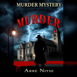 A gripping murder mystery novel cover featuring a dark and stormy night scene