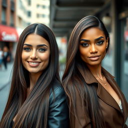 A hyperrealistic photograph showcasing two stunning women of diverse backgrounds, both possessing long, straight brown hair and striking bright dark green eyes that captivate the viewer