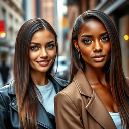 A hyperrealistic photograph showcasing two stunning women of diverse backgrounds, both possessing long, straight brown hair and striking bright dark green eyes that captivate the viewer