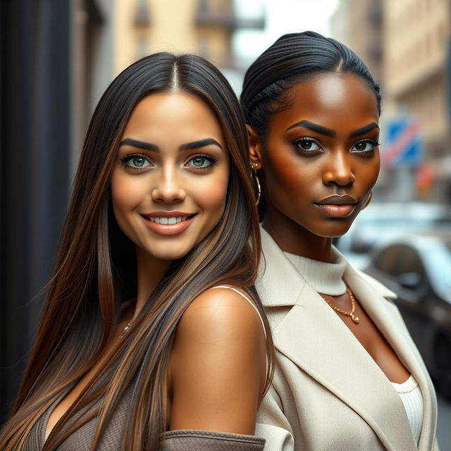 A hyperrealistic photograph showcasing two stunning women of diverse backgrounds, both possessing long, straight brown hair and striking bright dark green eyes that captivate the viewer