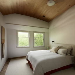 Generate a 14x14 bedroom with two adjacent windows. The bedroom should be well-lit and tastefully decorated.