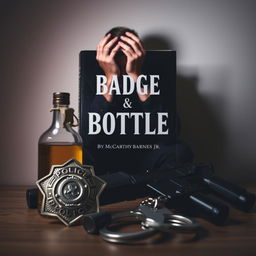 A police badge, a liquor bottle, a service weapon, and handcuffs are positioned in the foreground