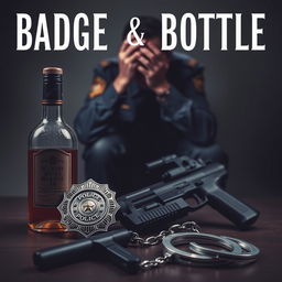 A police badge, a liquor bottle, a service weapon, and handcuffs are positioned in the foreground