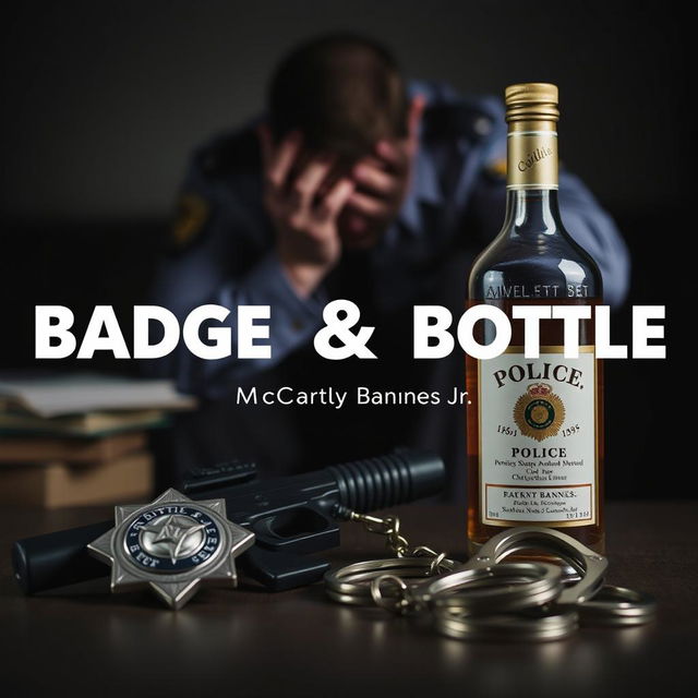 A police badge, a liquor bottle, a service weapon, and handcuffs are positioned in the foreground