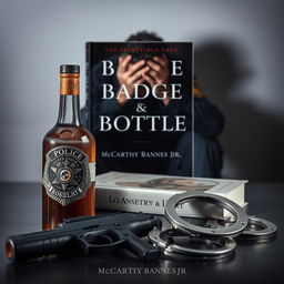 A police badge, a liquor bottle, a service weapon, and handcuffs are positioned in the foreground