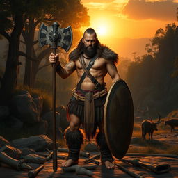 A fierce warrior from the stone era standing confidently with a rugged stone weapon, adorned in fur and leather armor