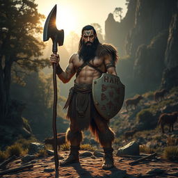 A fierce warrior from the stone era standing confidently with a rugged stone weapon, adorned in fur and leather armor