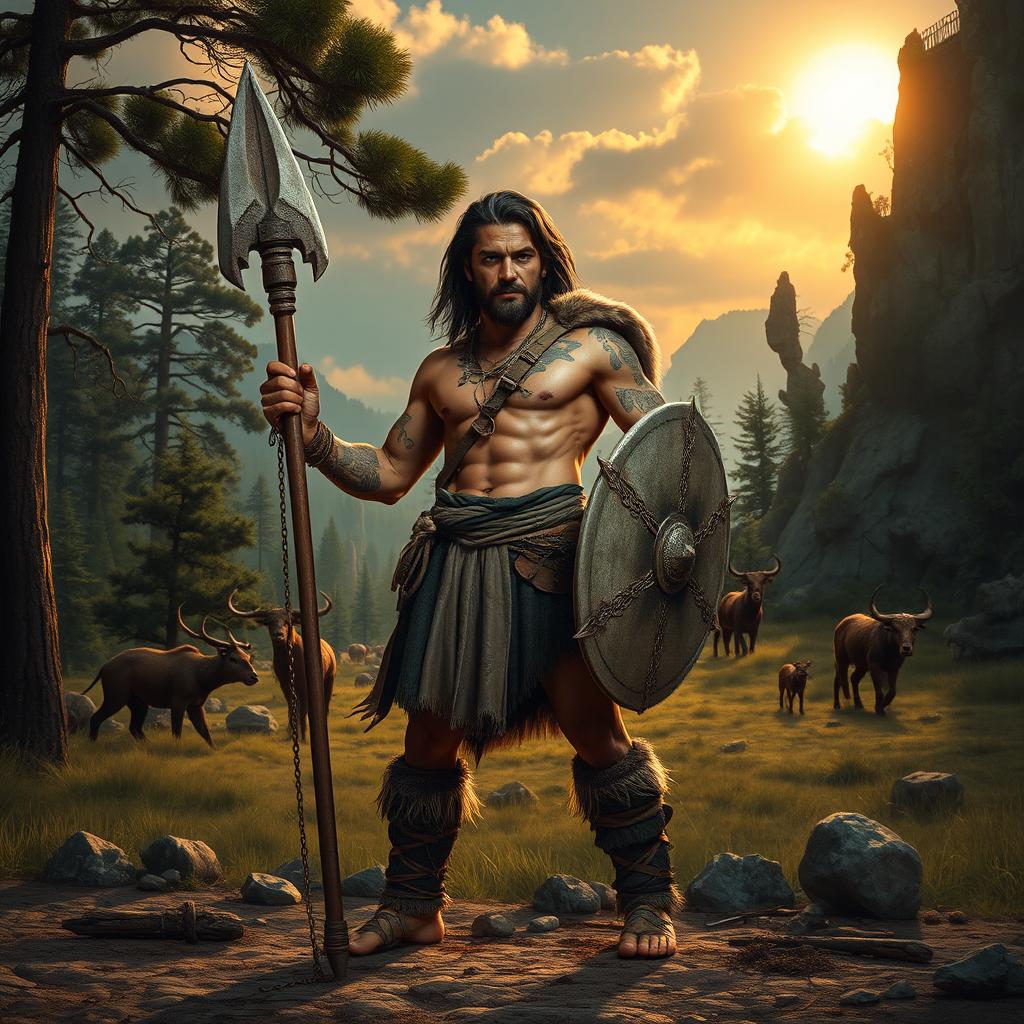 A fierce warrior from the stone era standing confidently with a rugged stone weapon, adorned in fur and leather armor