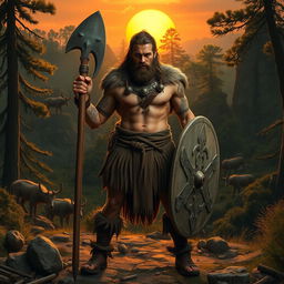 A fierce warrior from the stone era standing confidently with a rugged stone weapon, adorned in fur and leather armor