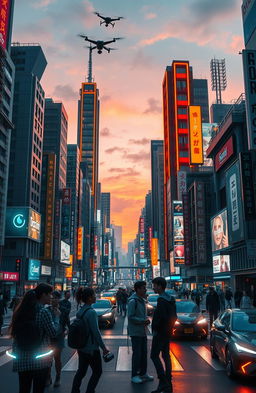 A vibrant Tokyo cityscape infused with a sci-fi aesthetic, showcasing neon orange hues and futuristic architecture
