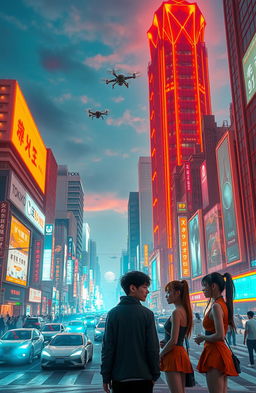 A vibrant Tokyo cityscape infused with a sci-fi aesthetic, showcasing neon orange hues and futuristic architecture