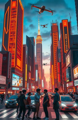 A vibrant Tokyo cityscape infused with a sci-fi aesthetic, showcasing neon orange hues and futuristic architecture