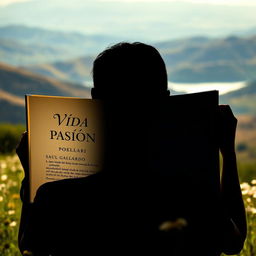 A silhouette of a person sitting peacefully in a scenic landscape, absorbed in reading an open book