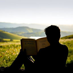 A silhouette of a person sitting peacefully in a scenic landscape, absorbed in reading an open book