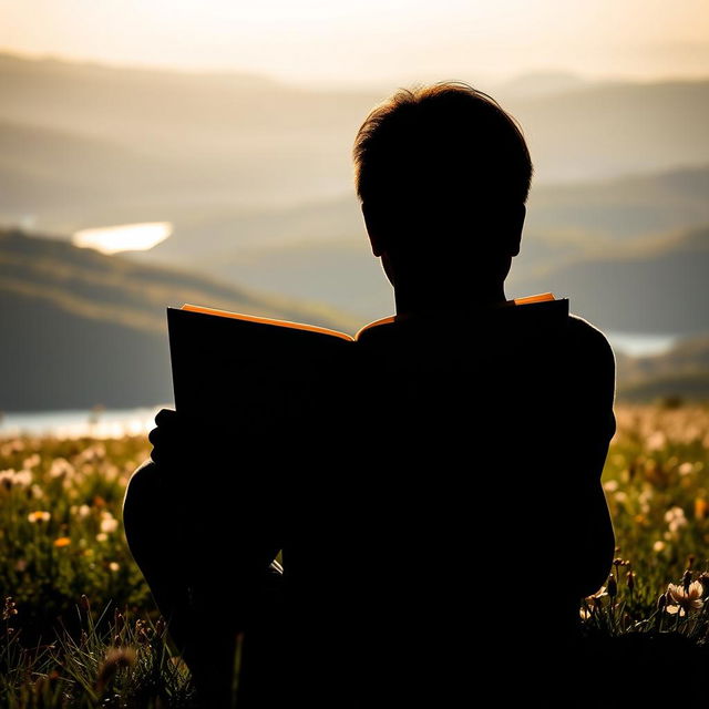 A silhouette of a person sitting peacefully in a scenic landscape, absorbed in reading an open book