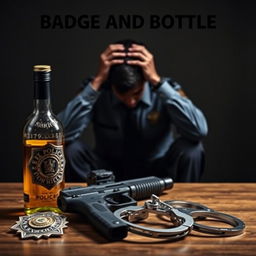 A police badge, a liquor bottle, a service weapon, and handcuffs prominently placed in the foreground