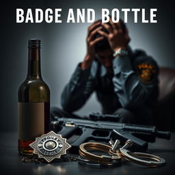 A police badge, a liquor bottle, a service weapon, and handcuffs prominently placed in the foreground