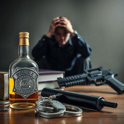 A police badge, a liquor bottle, a service weapon, and handcuffs prominently placed in the foreground
