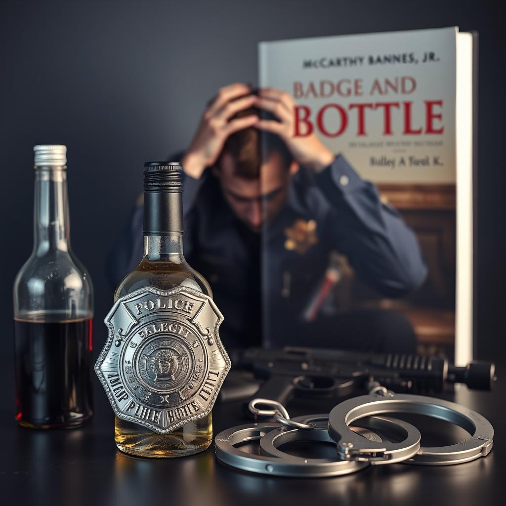 A police badge, a liquor bottle, a service weapon, and handcuffs prominently placed in the foreground