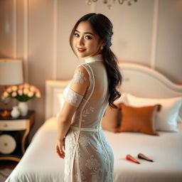A stunning Vietnamese girl wearing a sexy see-through ao dai dress, elegantly posed in a luxurious bedroom setting