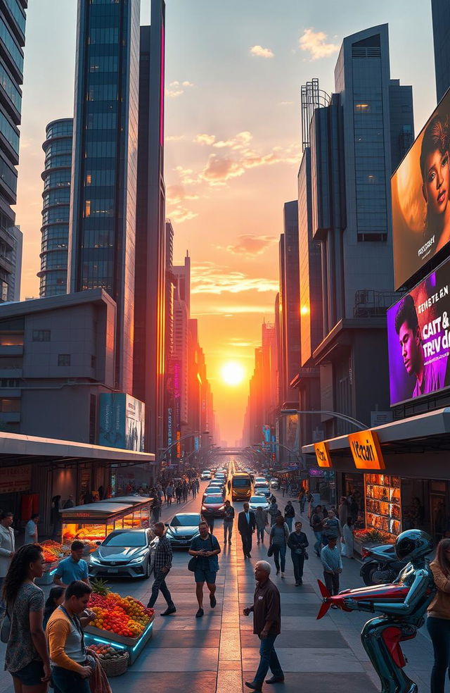 a futuristic city landscape at sunset, featuring sleek skyscrapers with neon lights reflecting off glass surfaces, bustling streets filled with flying cars, a vibrant market selling exotic fruits and textiles, people of diverse ethnicities engaged in lively conversations, a large digital billboard displaying vivid advertisements, and a musical street performer playing a futuristic instrument