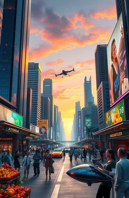 a futuristic city landscape at sunset, featuring sleek skyscrapers with neon lights reflecting off glass surfaces, bustling streets filled with flying cars, a vibrant market selling exotic fruits and textiles, people of diverse ethnicities engaged in lively conversations, a large digital billboard displaying vivid advertisements, and a musical street performer playing a futuristic instrument