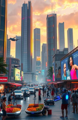 a futuristic city landscape at sunset, featuring sleek skyscrapers with neon lights reflecting off glass surfaces, bustling streets filled with flying cars, a vibrant market selling exotic fruits and textiles, people of diverse ethnicities engaged in lively conversations, a large digital billboard displaying vivid advertisements, and a musical street performer playing a futuristic instrument