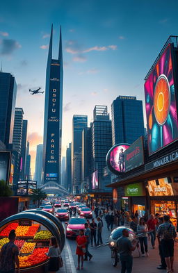 a futuristic city landscape at sunset, featuring sleek skyscrapers with neon lights reflecting off glass surfaces, bustling streets filled with flying cars, a vibrant market selling exotic fruits and textiles, people of diverse ethnicities engaged in lively conversations, a large digital billboard displaying vivid advertisements, and a musical street performer playing a futuristic instrument