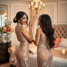 Two Vietnamese girls in a luxurious bedroom, both wearing sexy see-through ao dai dresses that beautifully highlight their figures