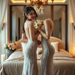 Two Vietnamese girls in a luxurious bedroom, both wearing sexy see-through ao dai dresses that beautifully highlight their figures