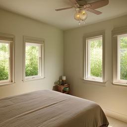 Generate a 14x14 bedroom with two adjacent windows. The bedroom should be well-lit and tastefully decorated.